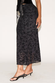 FLORAL BURNOUT OVERLAY MERMAID MAXI SKIRT