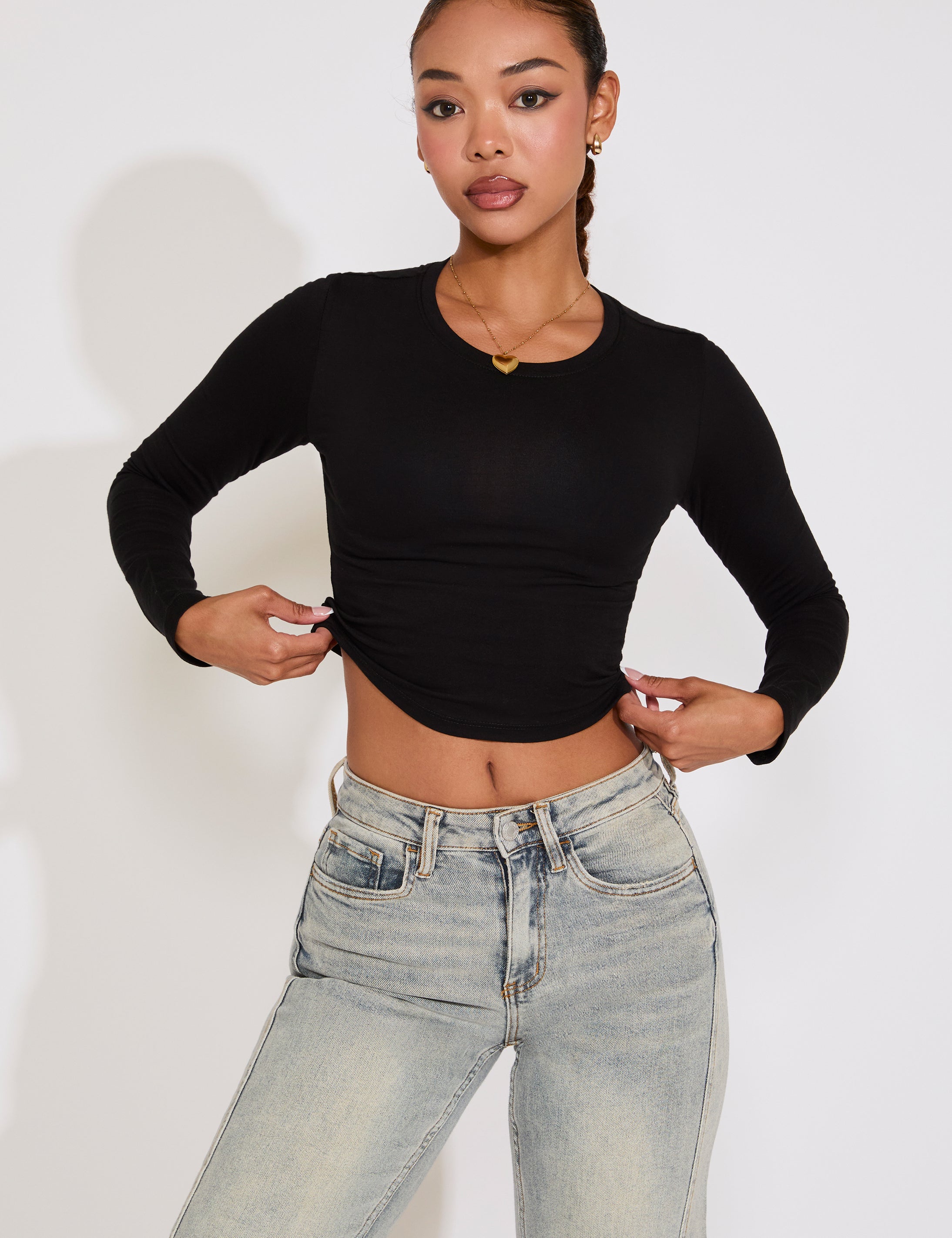 LONG SLEEVE CREW NECK COTTON CROP TOP