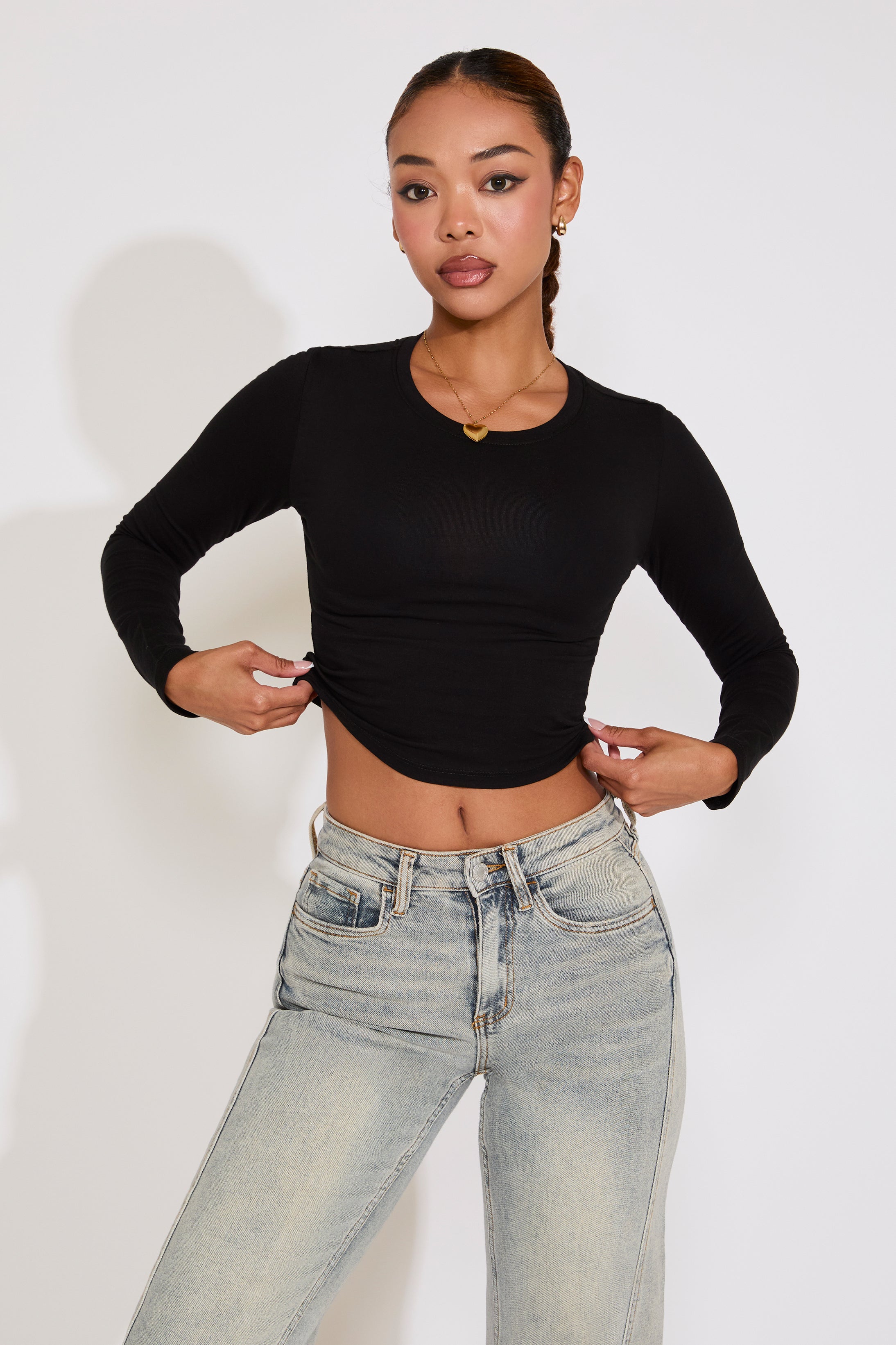 LONG SLEEVE CREW NECK COTTON CROP TOP
