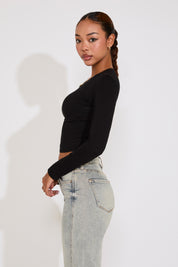 LONG SLEEVE CREW NECK COTTON CROP TOP