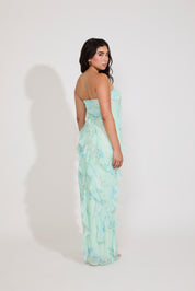 FLORAL PRINT POWER MESH RUFFLE MAXI DRESS