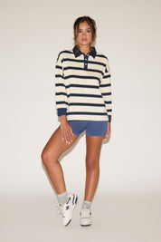 CONTRAST COLLAR STRIPED LONG SLEEVE POLO SHIRT