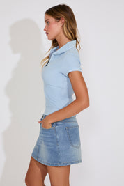 SHORT SLEEVE LINE DETAIL POLO RIB KNIT TOP