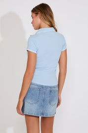 SHORT SLEEVE LINE DETAIL POLO RIB KNIT TOP
