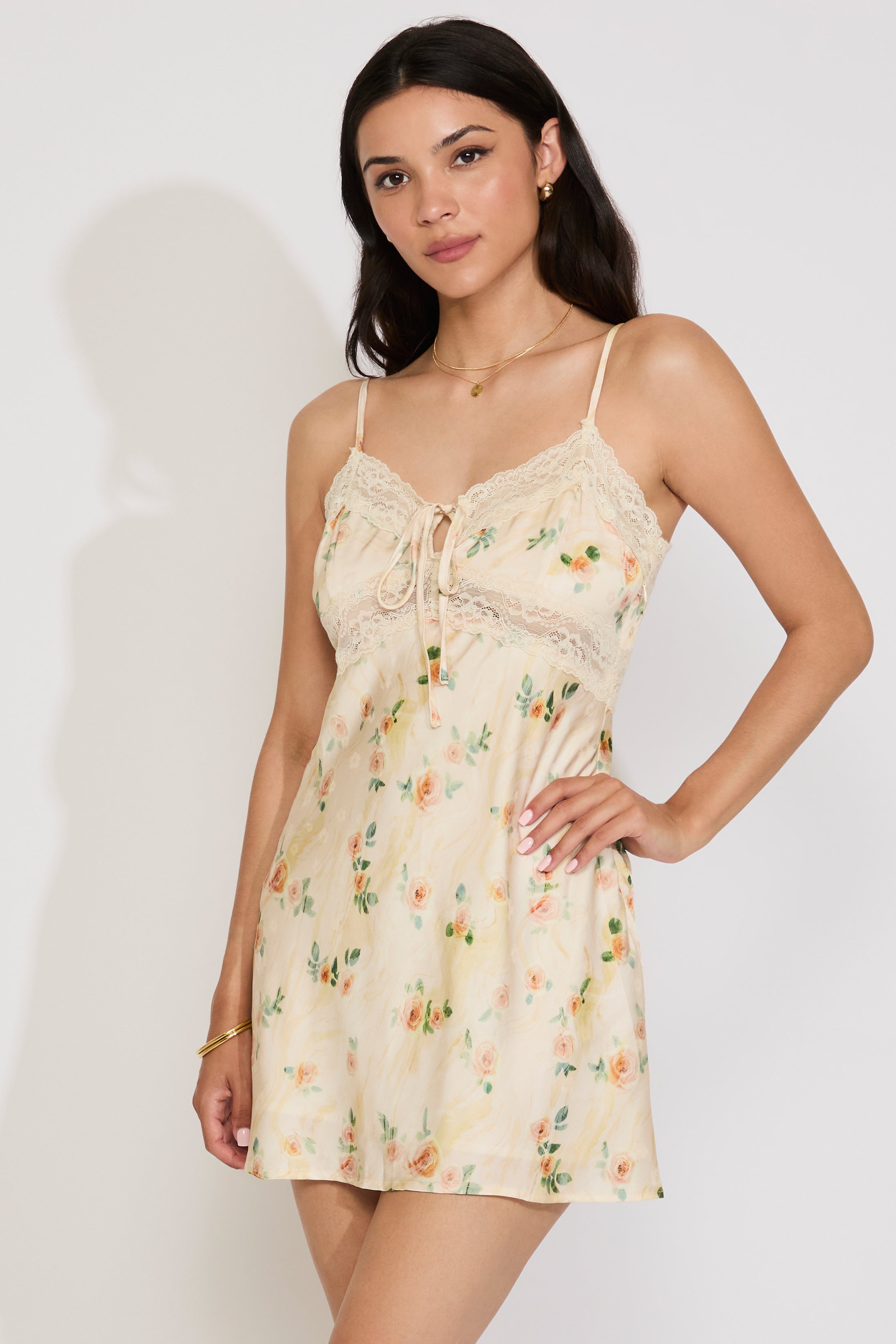 FLORAL BOW DETAIL LACE TRIM MINI DRESS