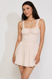 LACE TRIM STRAP FLORAL RUCHED BUST MINI DRESS