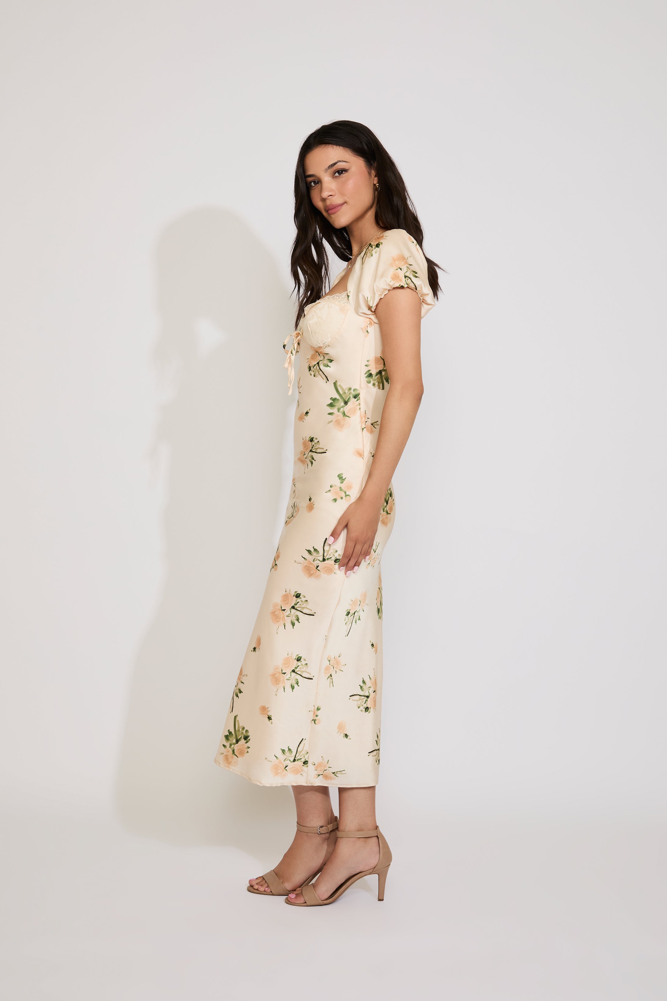 FLORAL SATIN MAXI DRESS WITH LACE DETAIL