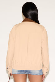 CONTRAST COLLAR ZIP UP JACKET WITH ELBOW PATCH