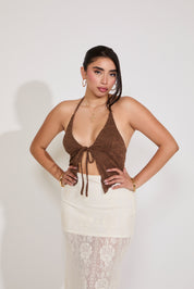 LACE HALTER TIE FRONT TOP