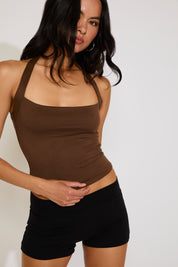 SLEEVELESS HALTER OPEN BACK CROP TOP