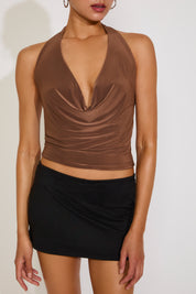 PLUNGING HALTER COWL NECK TOP