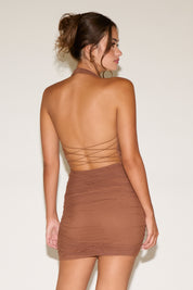 HALTER DRAPE STRAPPED RUCHED MINI DRESS