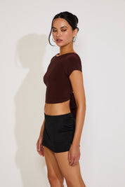 SHORT SLEEVE TIE BACK RUCHED CROP TOP