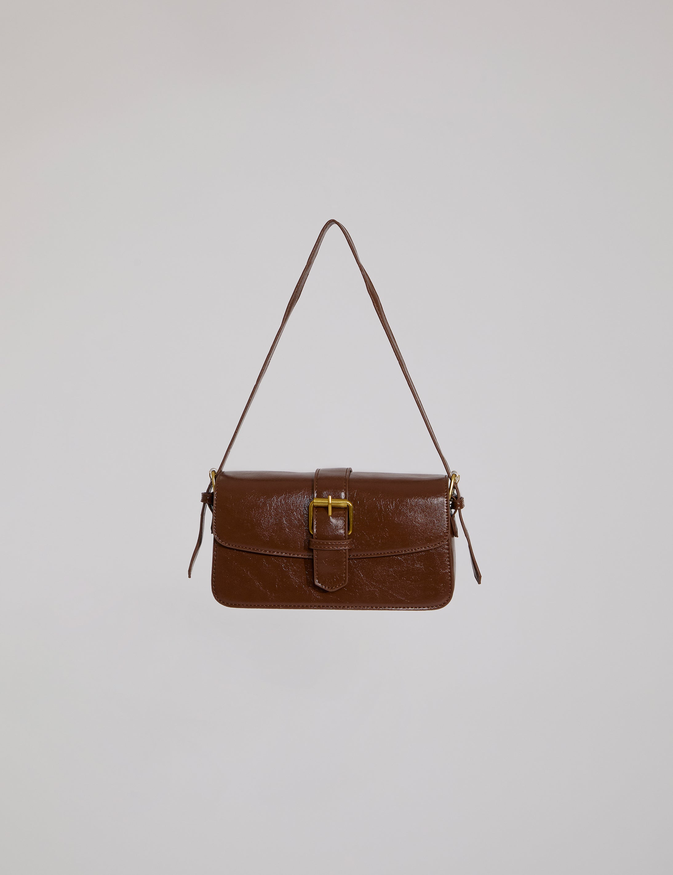 BELTED FLAP CLOSURE VEGAN LEATHER SHOULDER BAG