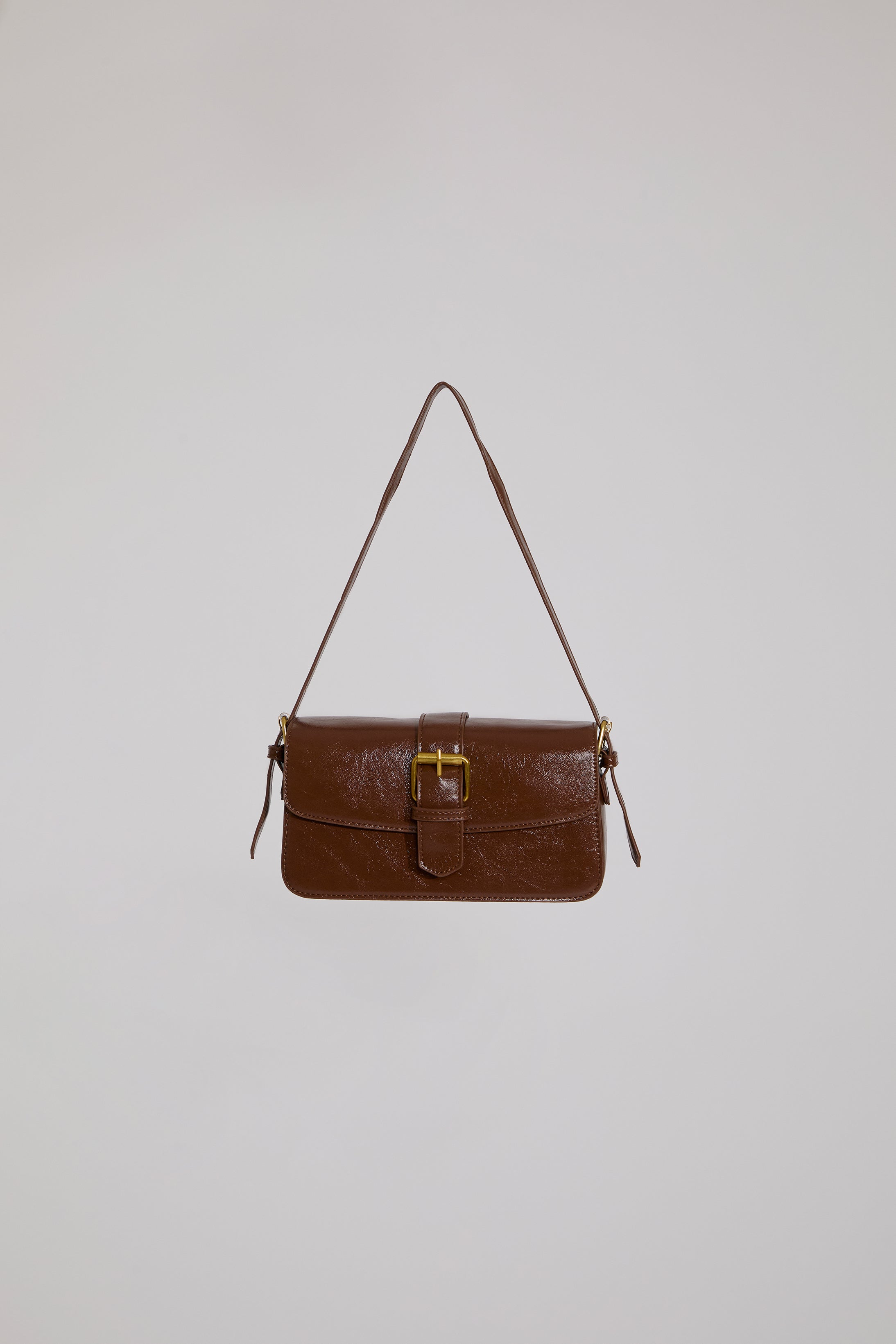 BELTED FLAP CLOSURE VEGAN LEATHER SHOULDER BAG