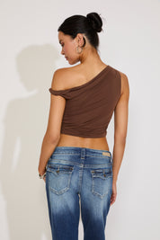 SHOULDER TWIST ASYMMETRIC NECKLINE RUCHED TOP