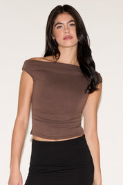 OFF SHOULDER CAP SLEEVE RUCHED KNIT TOP