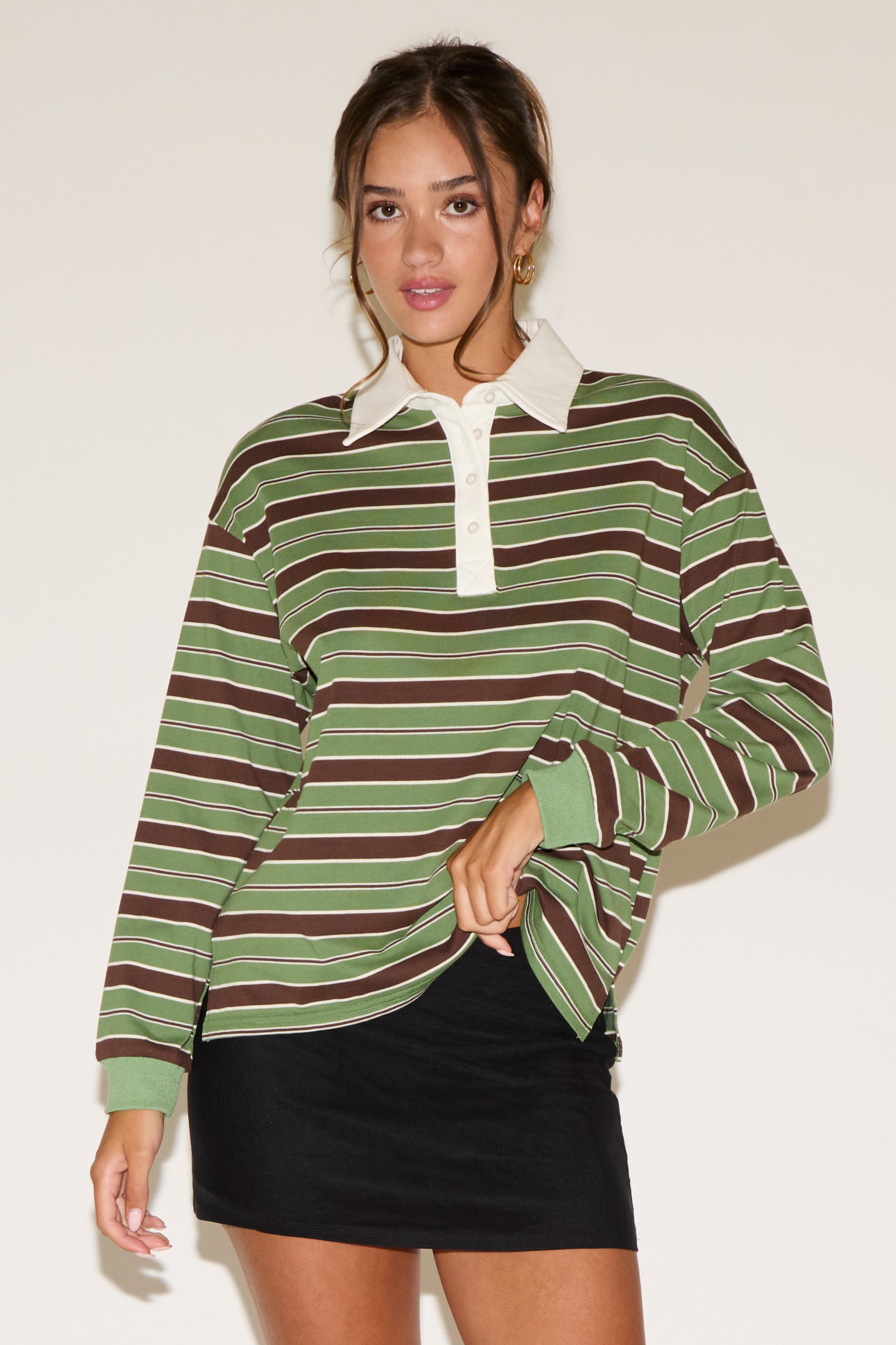 CONTRAST COLLAR STRIPED LONG SLEEVE POLO SHIRT