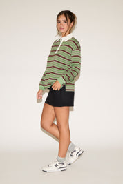 CONTRAST COLLAR STRIPED LONG SLEEVE POLO SHIRT