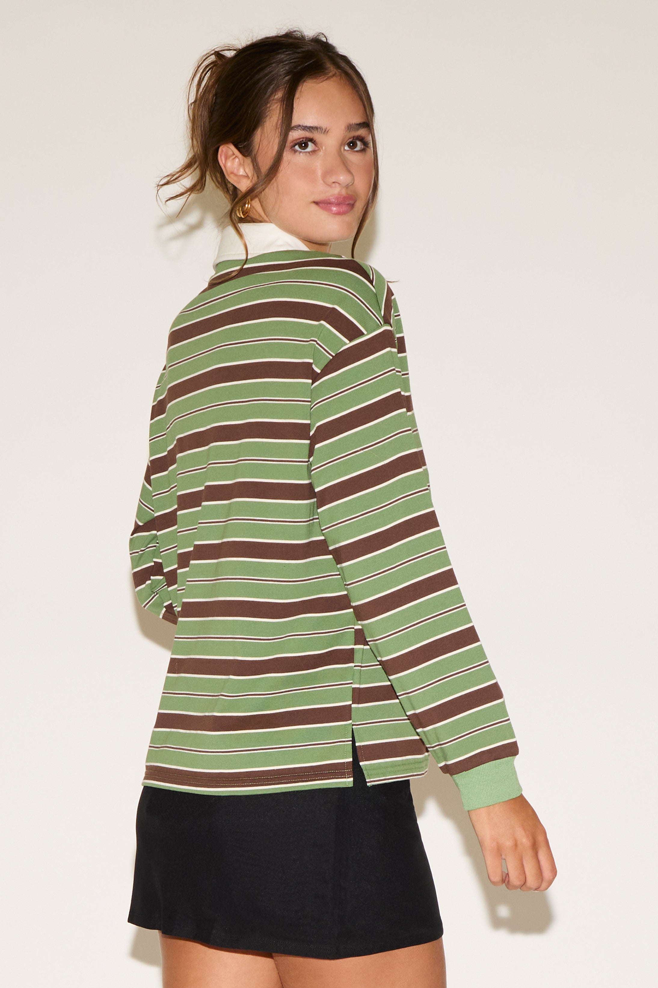 CONTRAST COLLAR STRIPED LONG SLEEVE POLO SHIRT