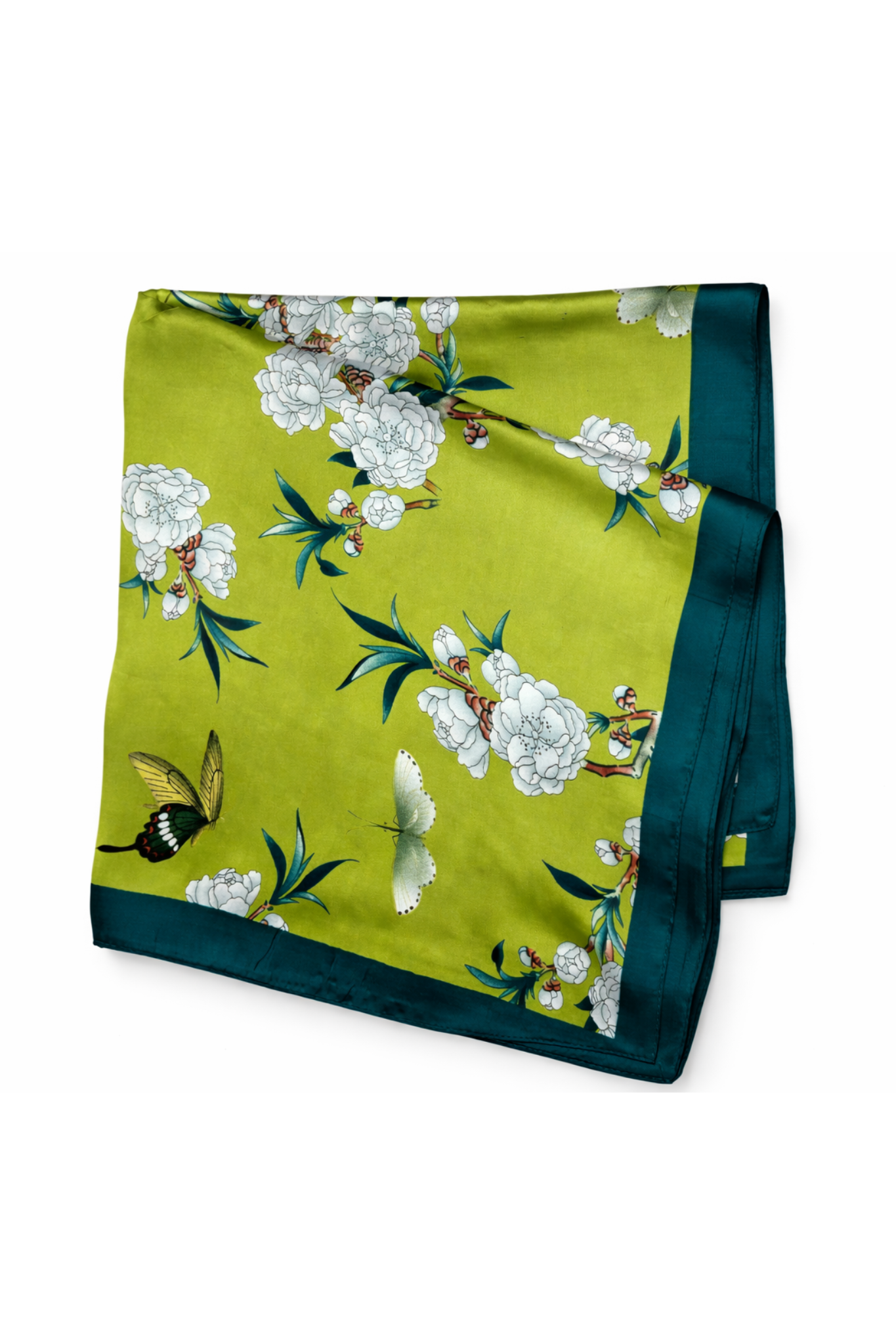 Green scarf with floral and butterfly design on a white background