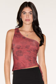 ONE SHOULDER SUBTLE FLORAL PRINT RUCHED TOP