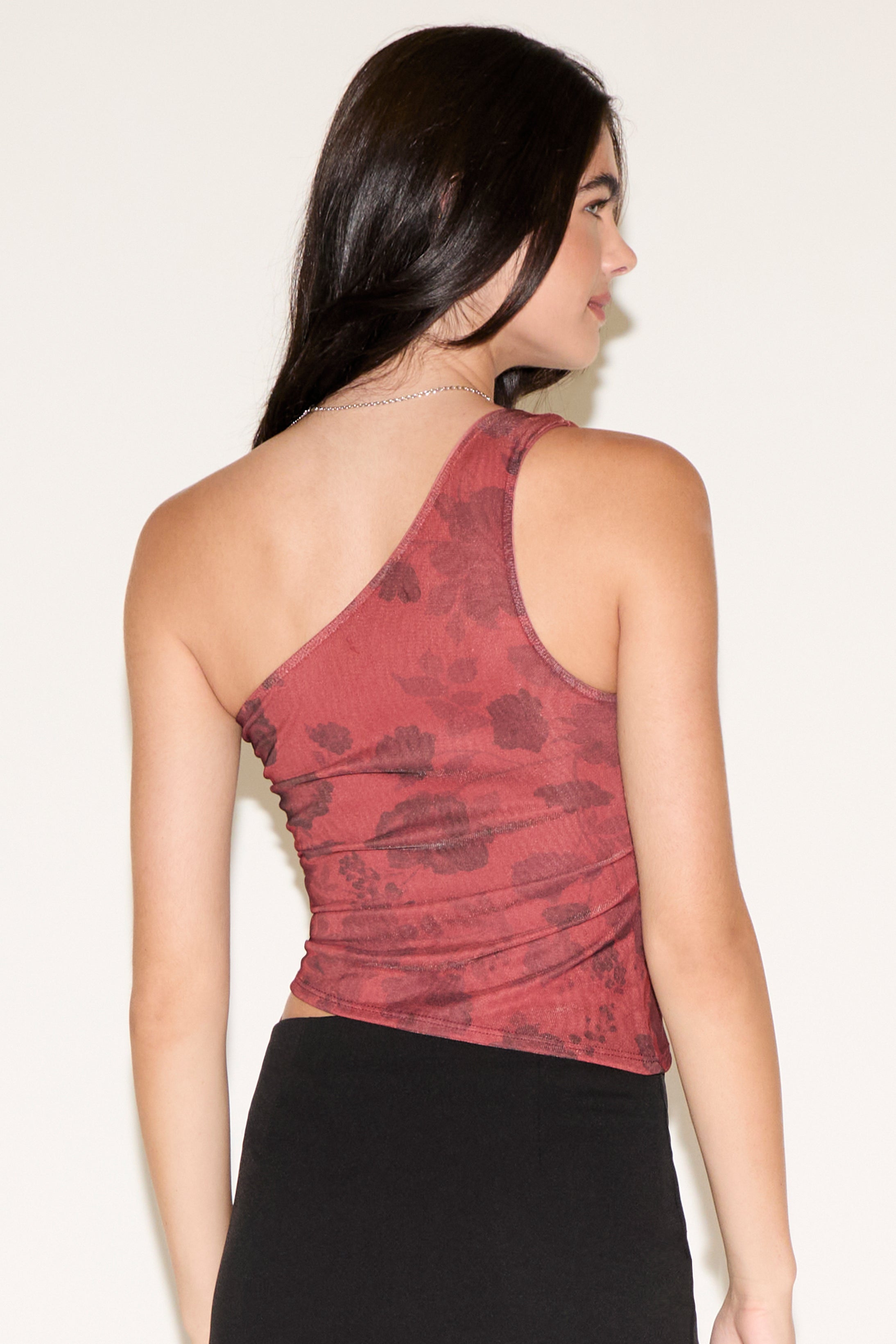 ONE SHOULDER SUBTLE FLORAL PRINT RUCHED TOP