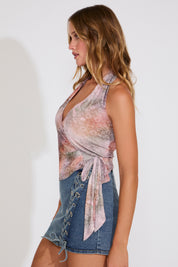 WATERCOLOR FLORAL PRINT TIE NECK WRAP TOP