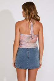 WATERCOLOR FLORAL PRINT TIE NECK WRAP TOP