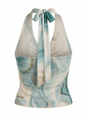Ghost mannequin product image of a TEAL MARBLED PRINT WRAP FRONT TIE NECK TOP on a white background.