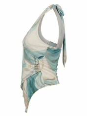 Ghost mannequin product image of a TEAL MARBLED PRINT WRAP FRONT TIE NECK TOP on a white background.