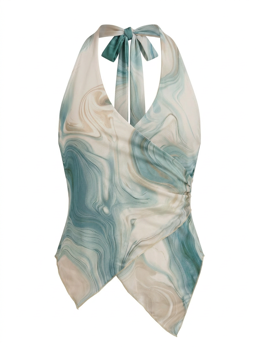 Ghost mannequin product image of a TEAL MARBLED PRINT WRAP FRONT TIE NECK TOP on a white background.
