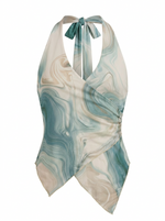 Ghost mannequin product image of a TEAL MARBLED PRINT WRAP FRONT TIE NECK TOP on a white background.