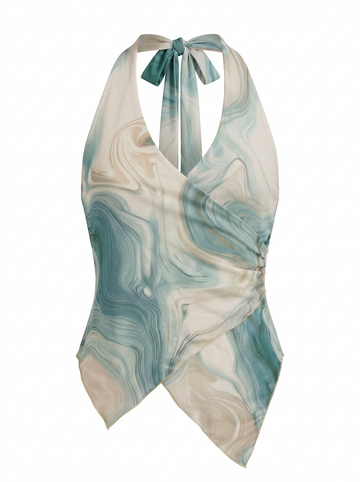Ghost mannequin product image of a TEAL MARBLED PRINT WRAP FRONT TIE NECK TOP on a white background.