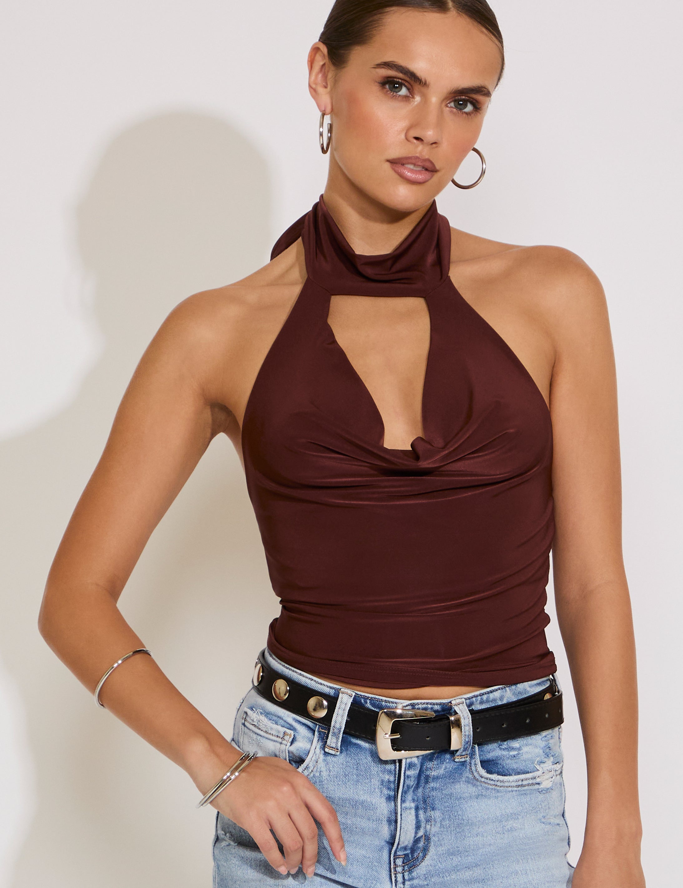 RUCHED COWLED NECKLINE TIE HALTER TOP