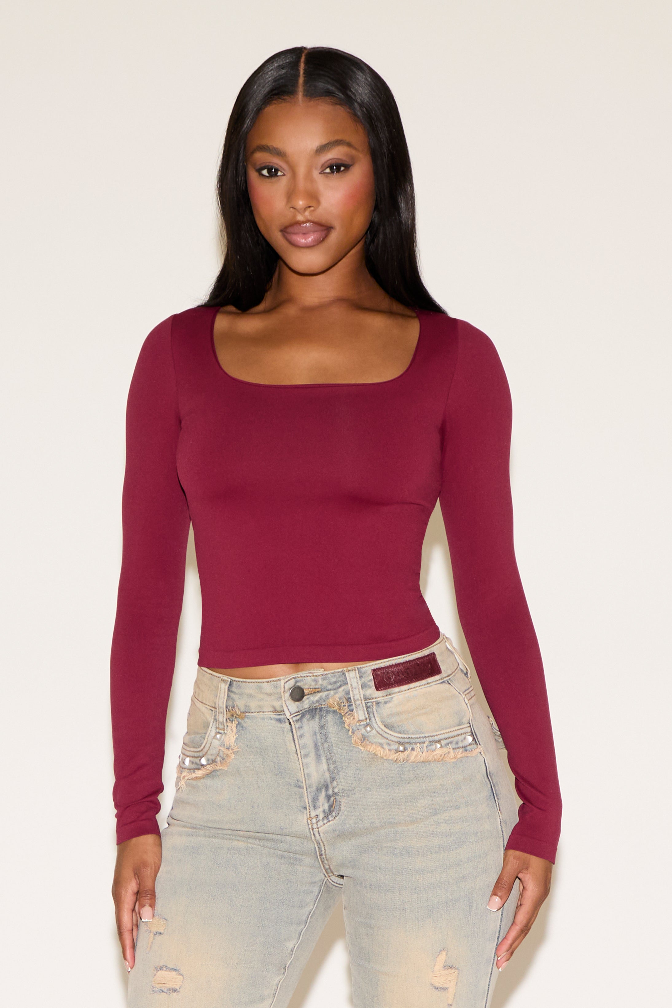 SQUARE NECK SEAMLESS LONG SLEEVE BODYCON TOP – Tenshoppe-store