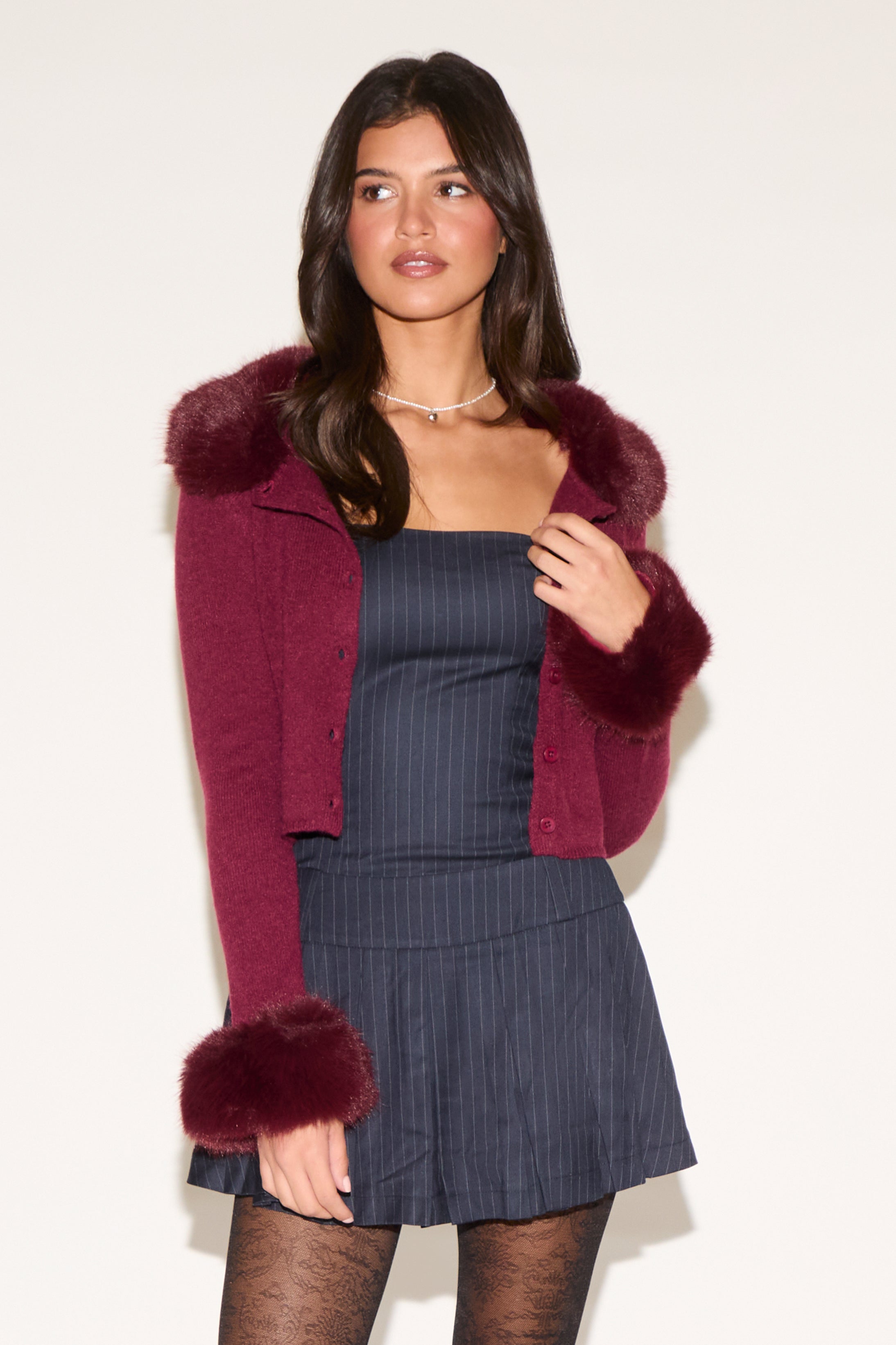 FAUX FUR COLLAR & CUFF BUTTON UP CARDIGAN