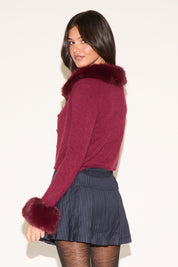 FAUX FUR COLLAR & CUFF BUTTON UP CARDIGAN