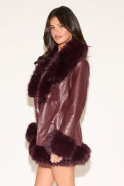 VEGAN LEATHER JACKET WITH TIE BELT & FUR TRIM