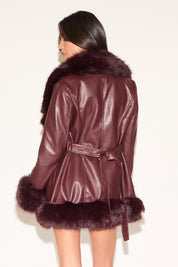 VEGAN LEATHER JACKET WITH TIE BELT & FUR TRIM