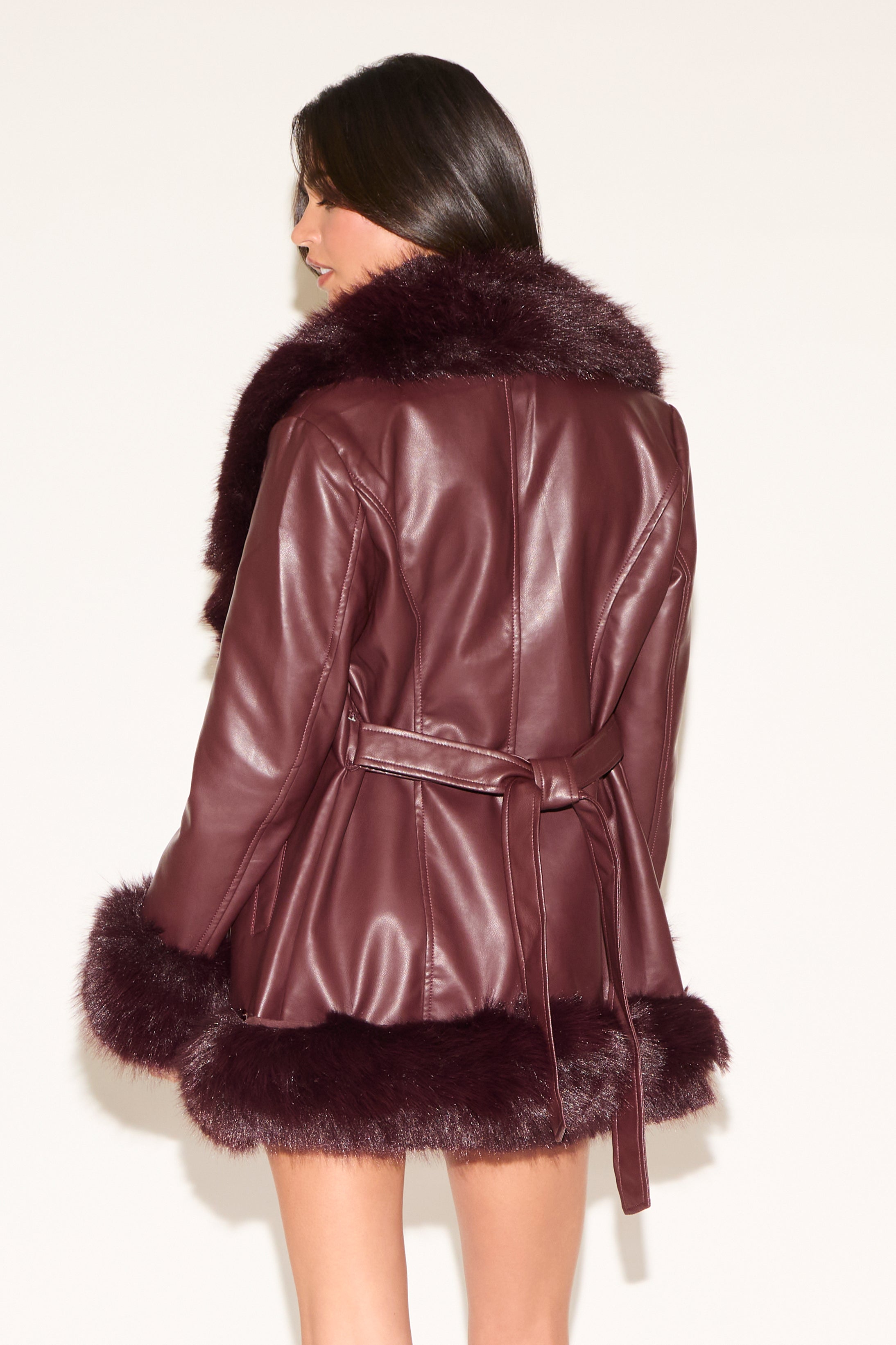 VEGAN LEATHER JACKET WITH TIE BELT & FUR TRIM
