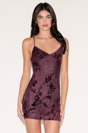 BRUSHED VELVET FLORAL SPAGHETTI STRAP MESH MINI DRESS