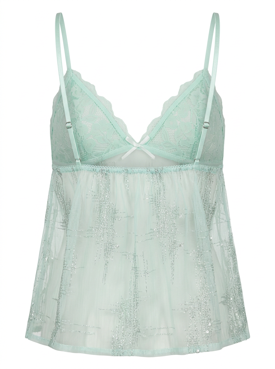 Ghost mannequin product image of a mint LACE CUP DETAILED CAMI SEQUINS BABYDOLL TOP on a white background.