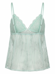 Ghost mannequin product image of a mint LACE CUP DETAILED CAMI SEQUINS BABYDOLL TOP on a white background.