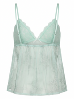 Ghost mannequin product image of a mint LACE CUP DETAILED CAMI SEQUINS BABYDOLL TOP on a white background.