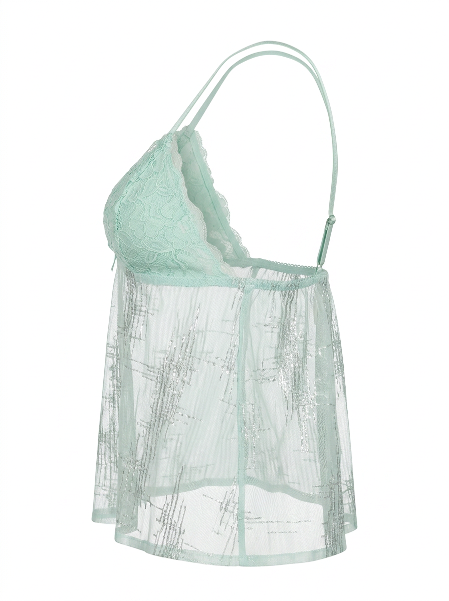 Ghost mannequin product image of a mint LACE CUP DETAILED CAMI SEQUINS BABYDOLL TOP on a white background.