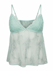 Ghost mannequin product image of a mint LACE CUP DETAILED CAMI SEQUINS BABYDOLL TOP on a white background.