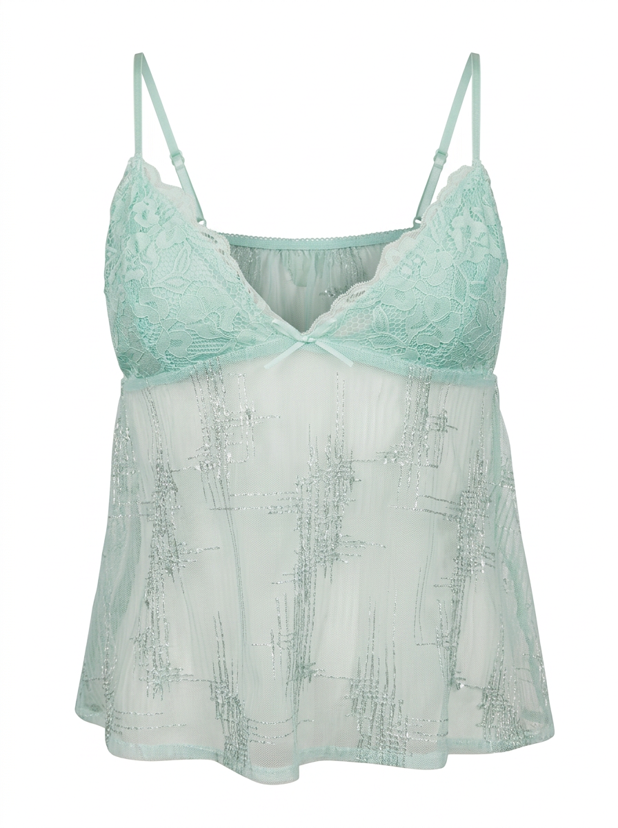 Ghost mannequin product image of a mint LACE CUP DETAILED CAMI SEQUINS BABYDOLL TOP on a white background.