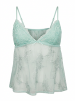Ghost mannequin product image of a mint LACE CUP DETAILED CAMI SEQUINS BABYDOLL TOP on a white background.