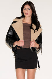 CROPPED BELTED SHEARLING & LEATHER JACKET